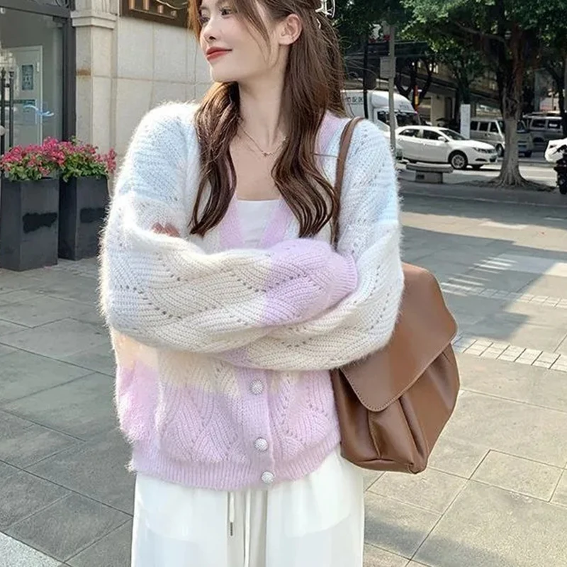 Rimocy Mixed Color Women\'s V Neck Cardigan Korean Fashion Single Breasted Loose Sweater Coat Woman Chic Sweet Knitted Cardigans