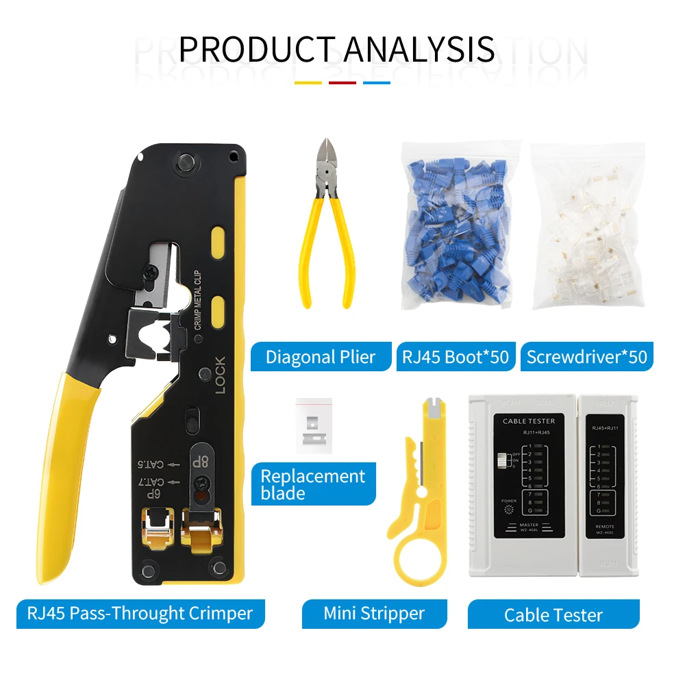 Cat7 RJ45 Pass through Crimp Tool Kit,Crimper Cable Tester,Wire Cutter,50Pcs Cat 6 Connectors and Strain Relief Boots