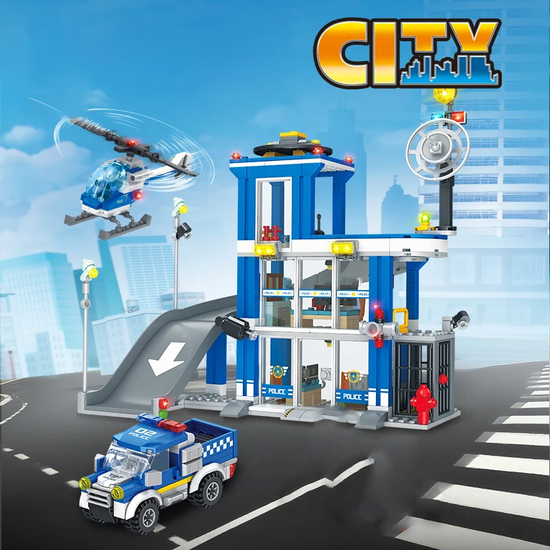 ตัวต่อบล็อกสถานีตำรวจเมือง 2 สี พร้อมเรือนจำ SWAT รถเฮลิคอปเตอร์ ตัวต่อตำรวจ ของเล่นเมืองสำหรับเด็ก ของขวัญ