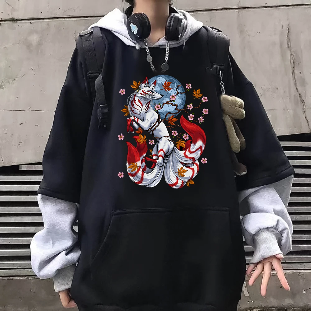 Kitsune Fox Mask Hoodie Men/Women Patchwork Sweatshirt Anime Graphic Hoody Japanese Style Pullovers Manga Printing Clothing