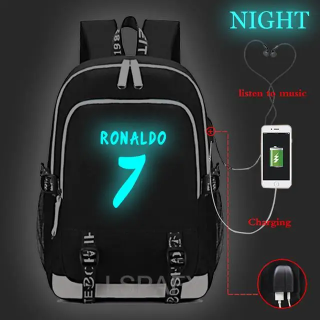 High quality Cristiano Ronaldo CR7 Luminous USB Charge Tenns backpack USB charging CR7 rucksack men women Mochila