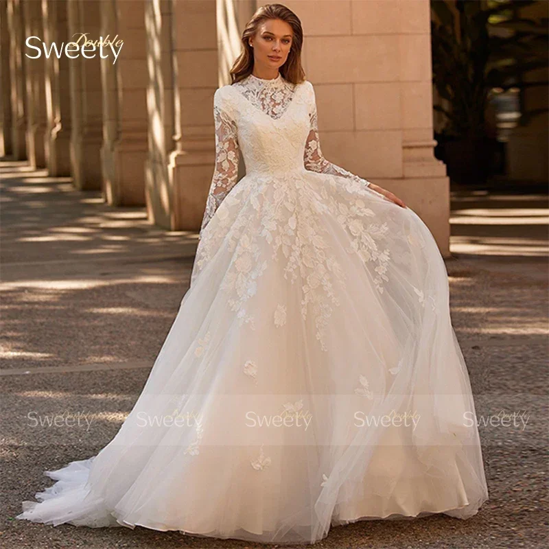 Luxury High-Neck Wedding Dress Organza With Embroidery Lace A-Line Ball Gown Full Sleeve Bride Dress Button Robe De Mariee Appli