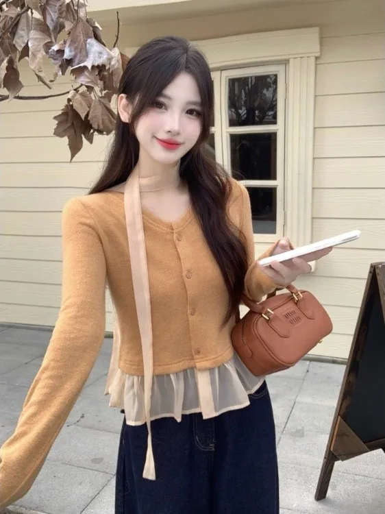 

plus Size Knitted Lace Splice Top Women's Fashion Autumn New Design Sensation Gentle Style Two-Piece Look High Waist Commute ...
