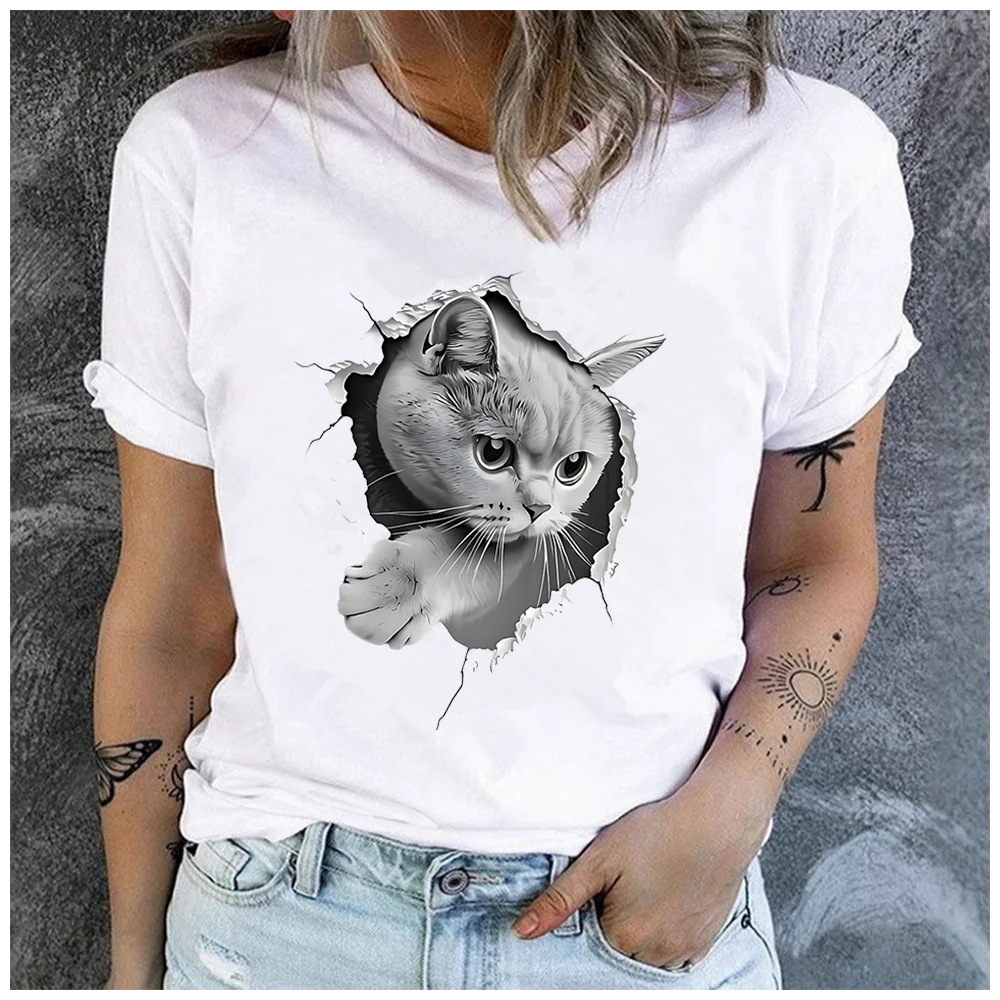 Women's Cotton 100% The cat emerging from rags Print T-shirt Loose round Neck Casual Short Sleeve Fashion Top  Clothing Summer