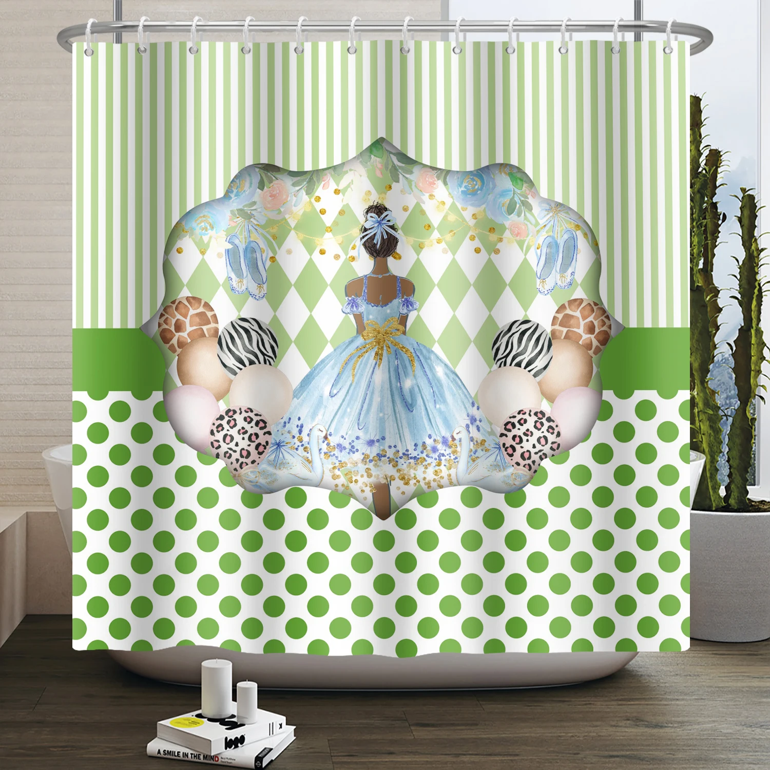 

Princess Girl Shower Curtain Bar Mitzvah Sweet Girl Shoes Flower Green Shower Curtain for Bathroom Home Decor Waterproof Set