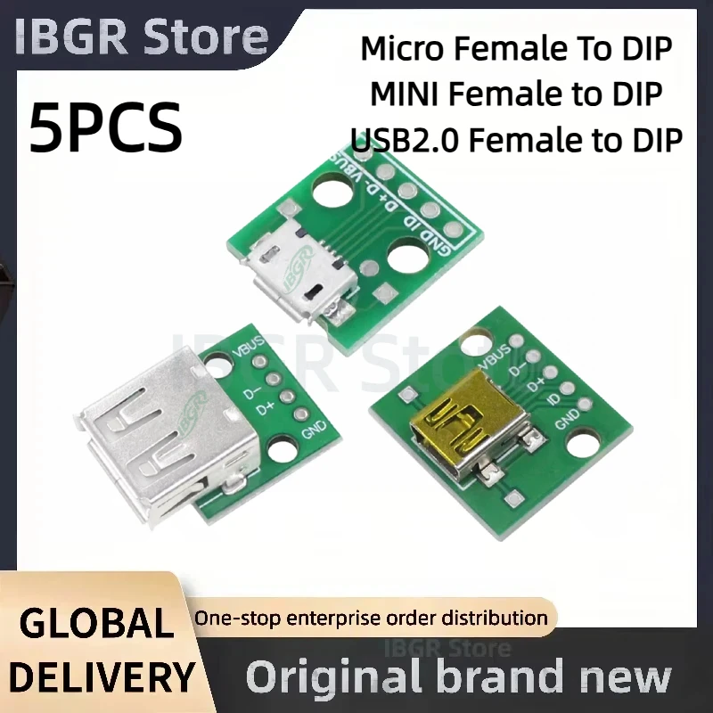 5PCS USB2.0 Female to DIP, MICRO Female to DIP, MINI Female to DIP, for DIY USB Power Supply Adapter Board Module Pin Test Boar