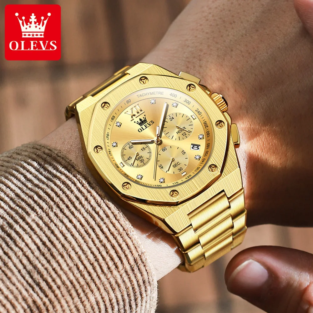 OLEVS TOP Brand Quartz Men Watch Multifunctional Luxury NEW Wristwatch Diamonds Gold Stainless Steel Waterproof Clock Man