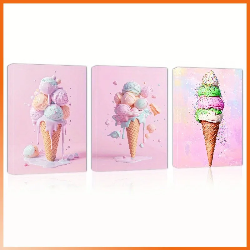 Frameless 3PCS 2D Decorative Painting - Canvas Painting - Three Colorful Ice Cream Cones Pink Background - Cheap Room Decor -