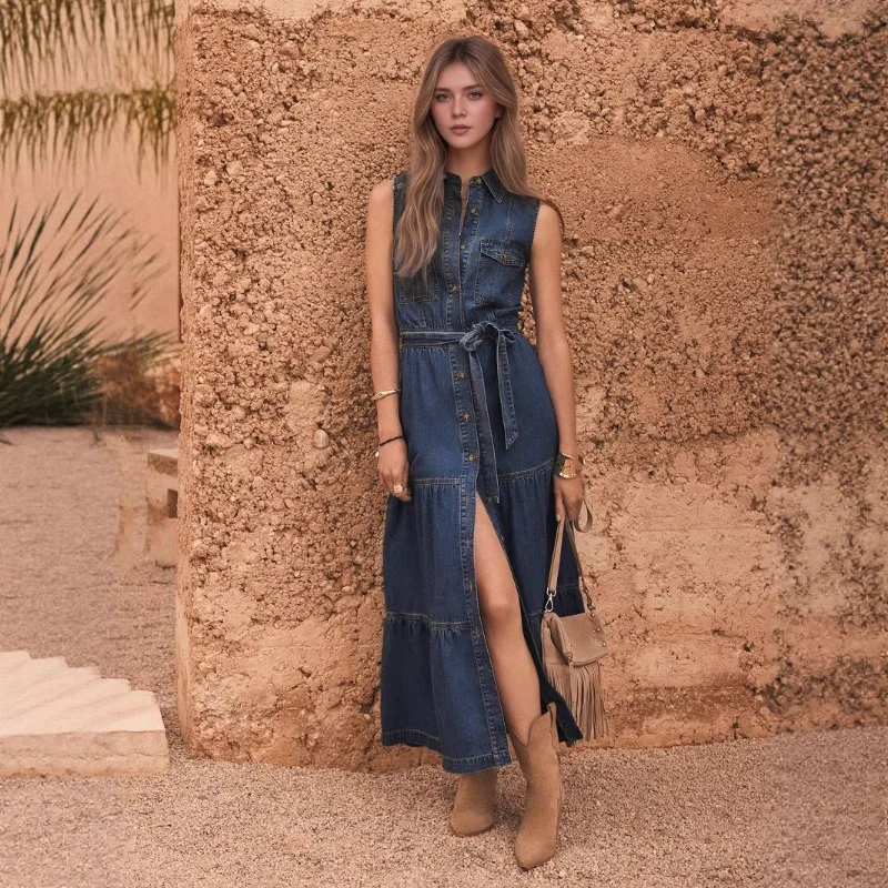 

Women Blue Sleeveless Waist Strap Imitation Denim Material Long Dress