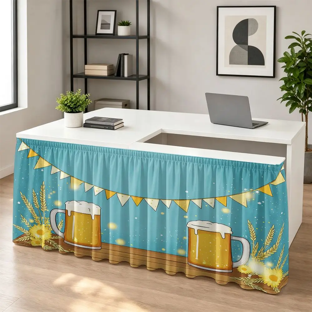 One table skirt, festive beer theme, round table cover, party tablecloth and table skirt, golden wheat ears and beer glass print