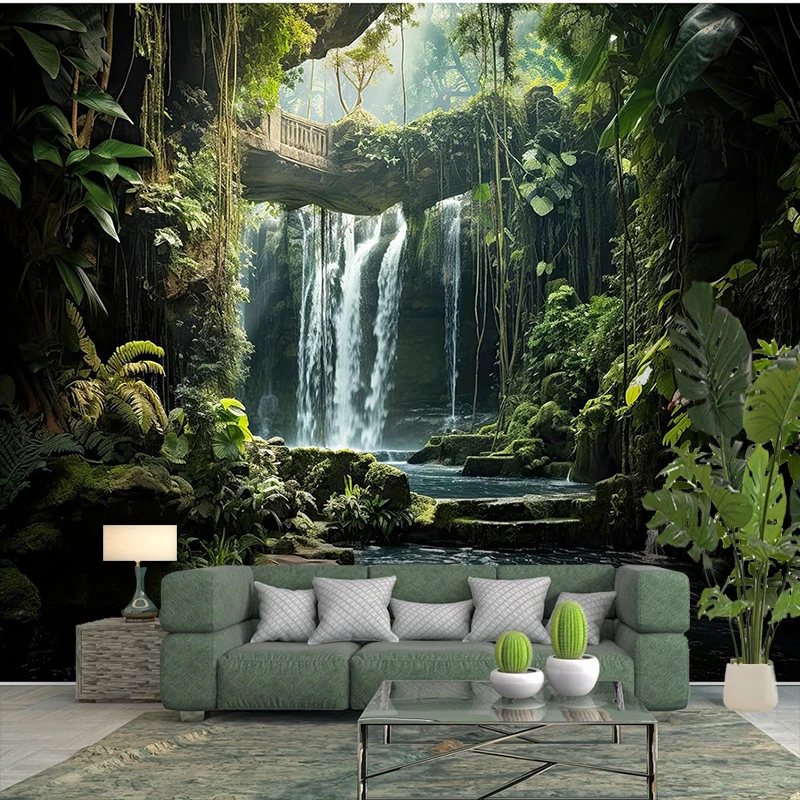 1PC Jungle Waterfall Stone Bridge Print Backdrop Banner, Bedroom Living Room Photo Background, Polyester, Home Decor, Wall Art
