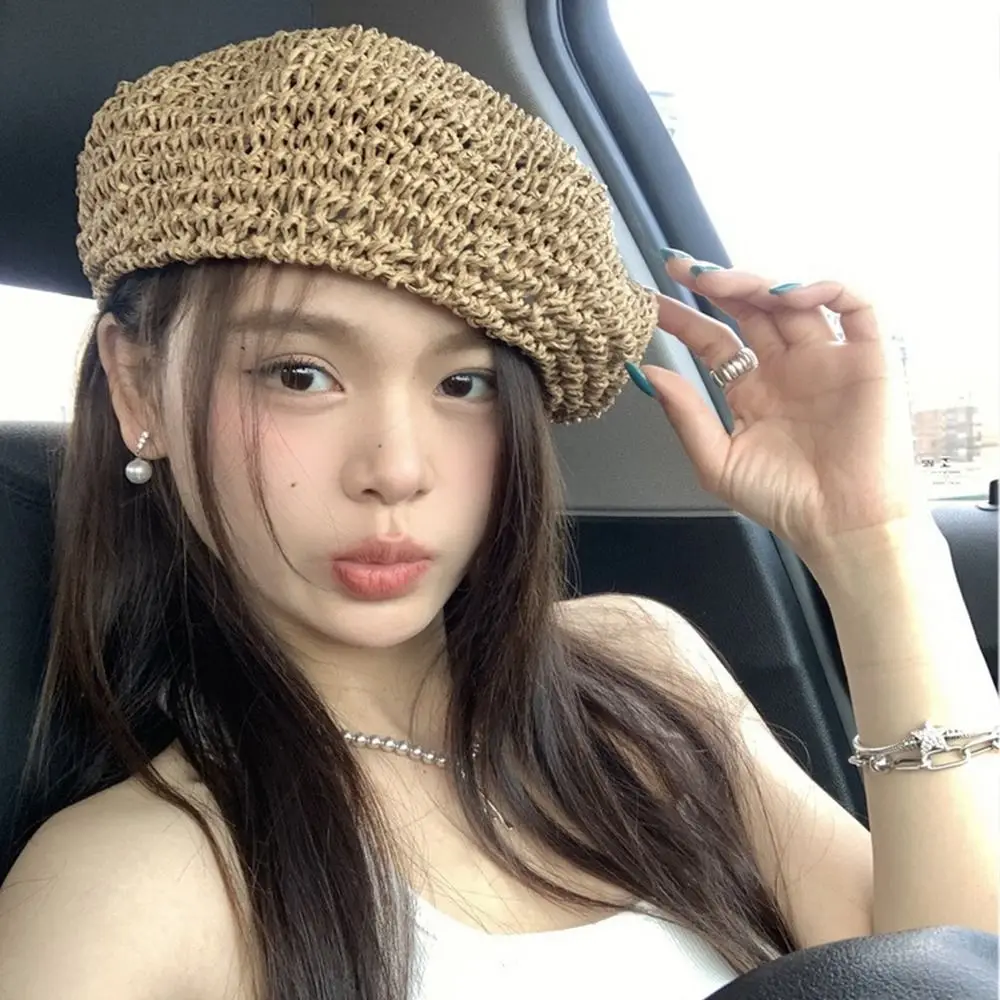 

Ins Summer Straw Beret Crochet Hollow Weave Cap Vacation Handmade Painter Hat Outdoor