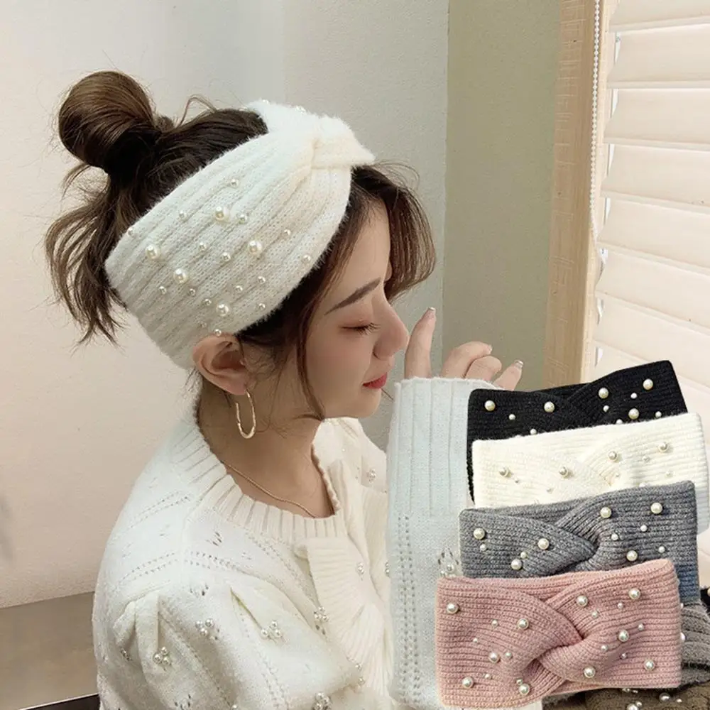 

Crochet Wool Hair Band Cross Pearl Headbands Double-layer Knitted Band Wide Hairband Hair Accessories Sweet Decor Elegant Wrap