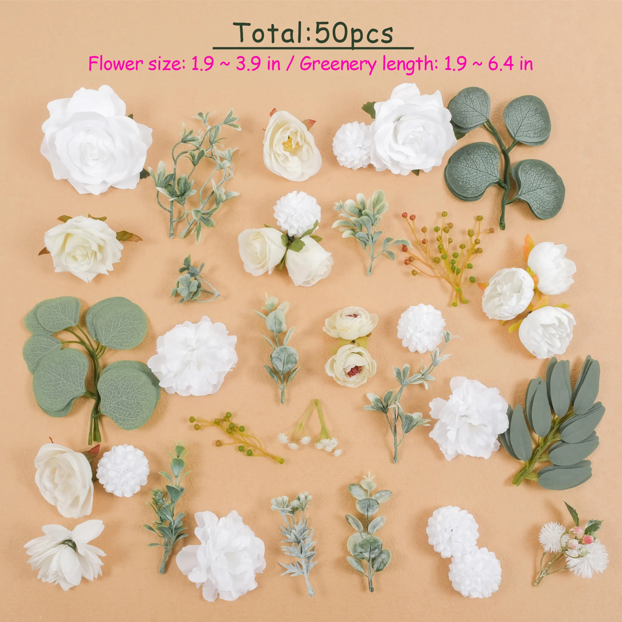 50PCS Loose Artificial Silk Flower Head Green Leaf Greenery Kit For DIY Crafts Bouquets Wreath Floral Arrangement Wedding Decor