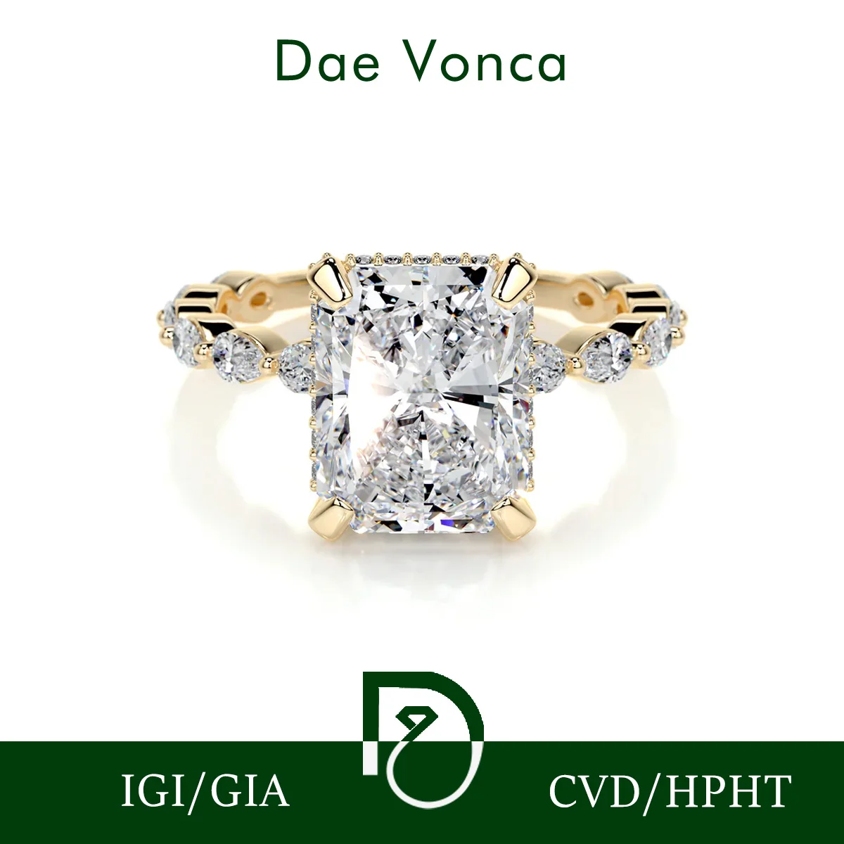 Center Radiant Lab Diamond Ring 9K/14K/18K Yellow Gold Round Diamond Halo Style Half Eternity Lab Diamond Engagement Ring