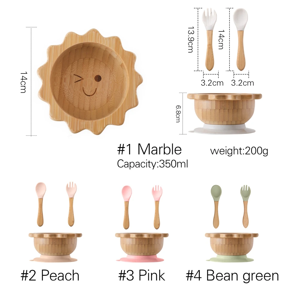 Juego de vajilla de madera para bebé, cuenco de bambú con ventosa, mango de madera infantil de silicona, tenedor, cuchara, suministros de alimentación, 3 uds.