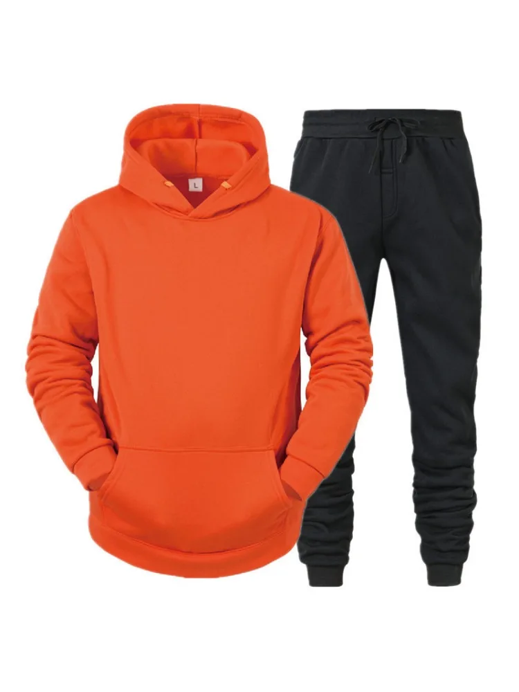 Fashion Mens Hooded Sweatshirt Set Winter Autumn Casual Sportswear 2 Piece Outfit Solid Color Pullover Jogger Multiple Colors