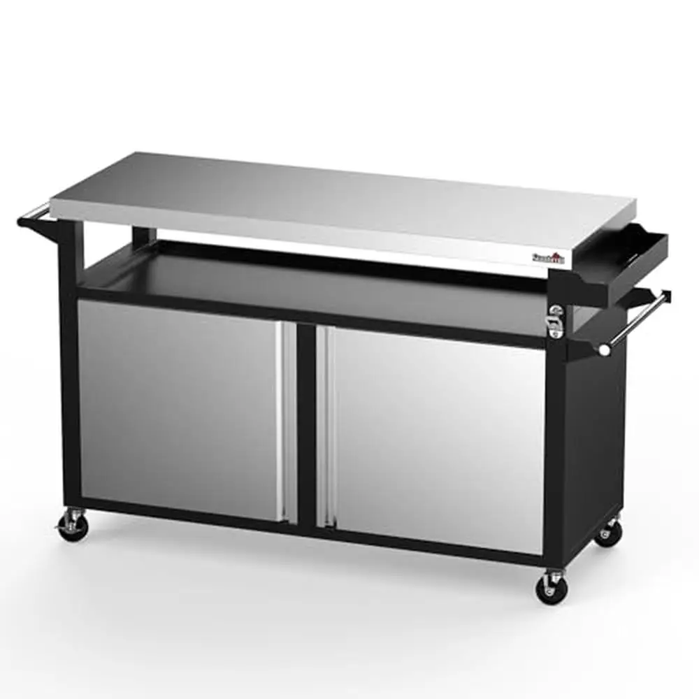 

Outdoor Rolling Kitchen Island Stainless Steel Table Top Double-Door Cabinet Large Storage Cart BBQ Grill Serving Prep Shelf