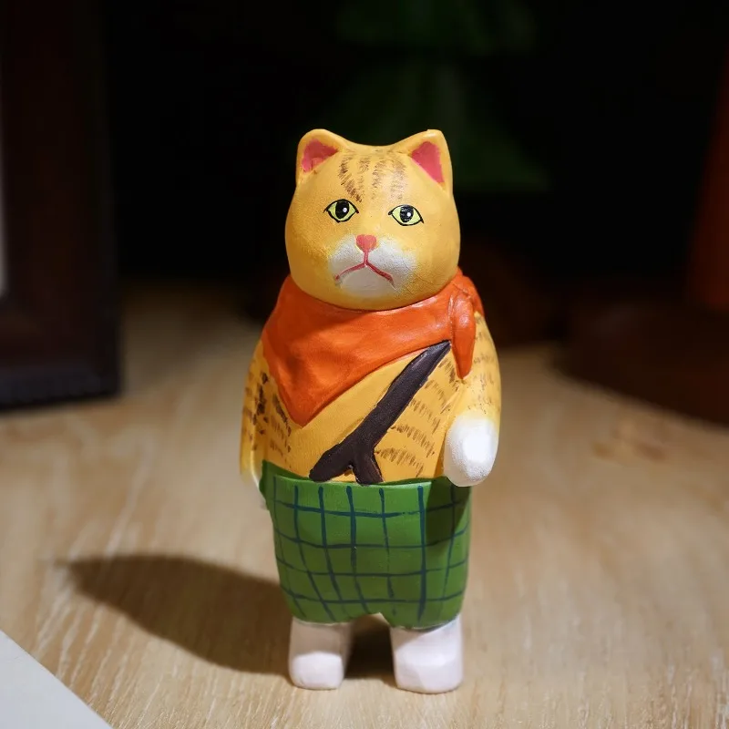 Vintage Orange Cat Handmade Wooden Ornament Cartoon Kitten Figurine Creative Desk Decor Home TV Stand Bookcase Decoration Craft
