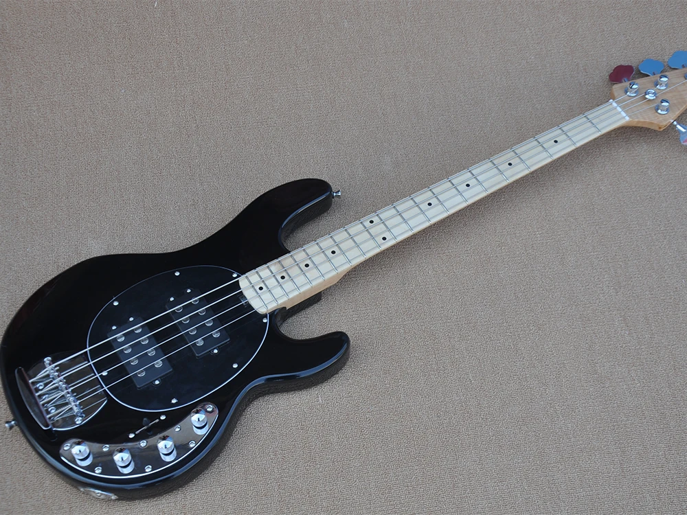 4 Strings Black Electric Bass Guitar with Flame Maple Neck,Maple Fretboard,Active Circuit,Strings Through Body