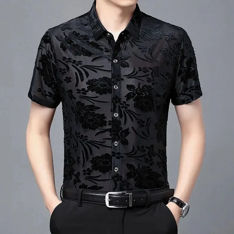 NewTurn Down Collar Cotton Men Shirts Long Sleeve Buttons Shirt Men Solid Color Sexy Lace See Through Clubwear Down Shirt2025