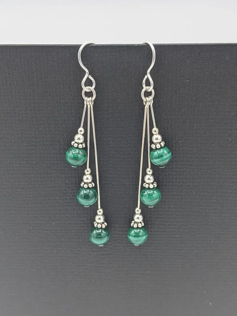 Malachite earrings, asymmetric earrings, malachite beaded earrings