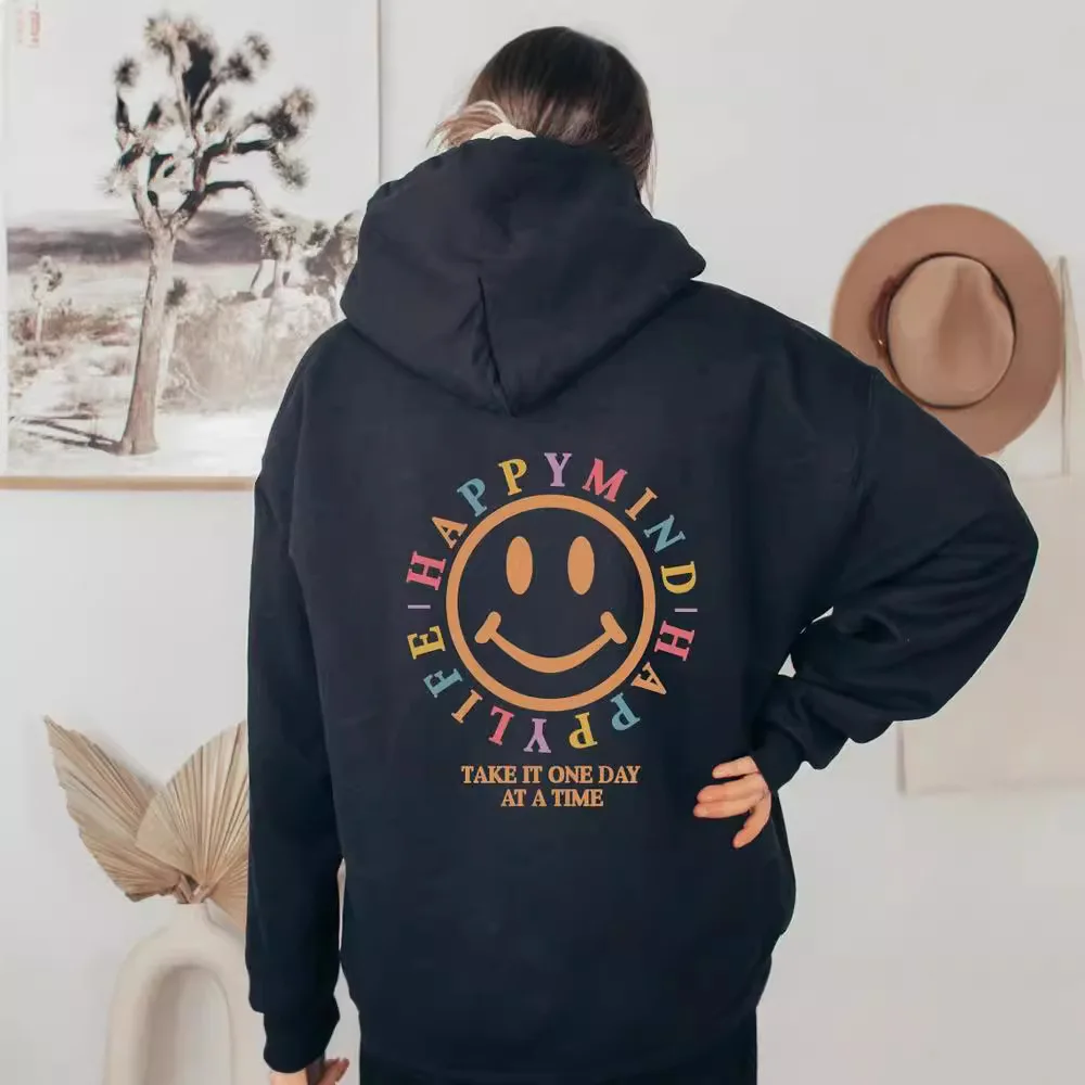 Women'S Letter Pattern Print Hoodies Long Sleeved Hoodie Casual Loose Pink Happy Mind Fashion Hoodie Daily Quality Streetwear