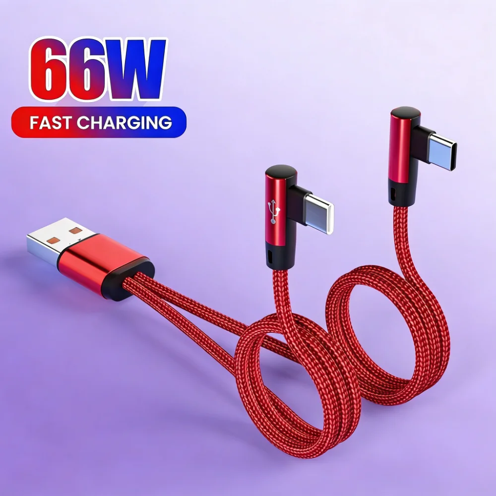 66W USB C Cable 2 in 1 Fast Charging Phone Charger Data Cord For iPhone Samsung Xiaomi Huawei 90 Degree Elbow Quick Charge Wire