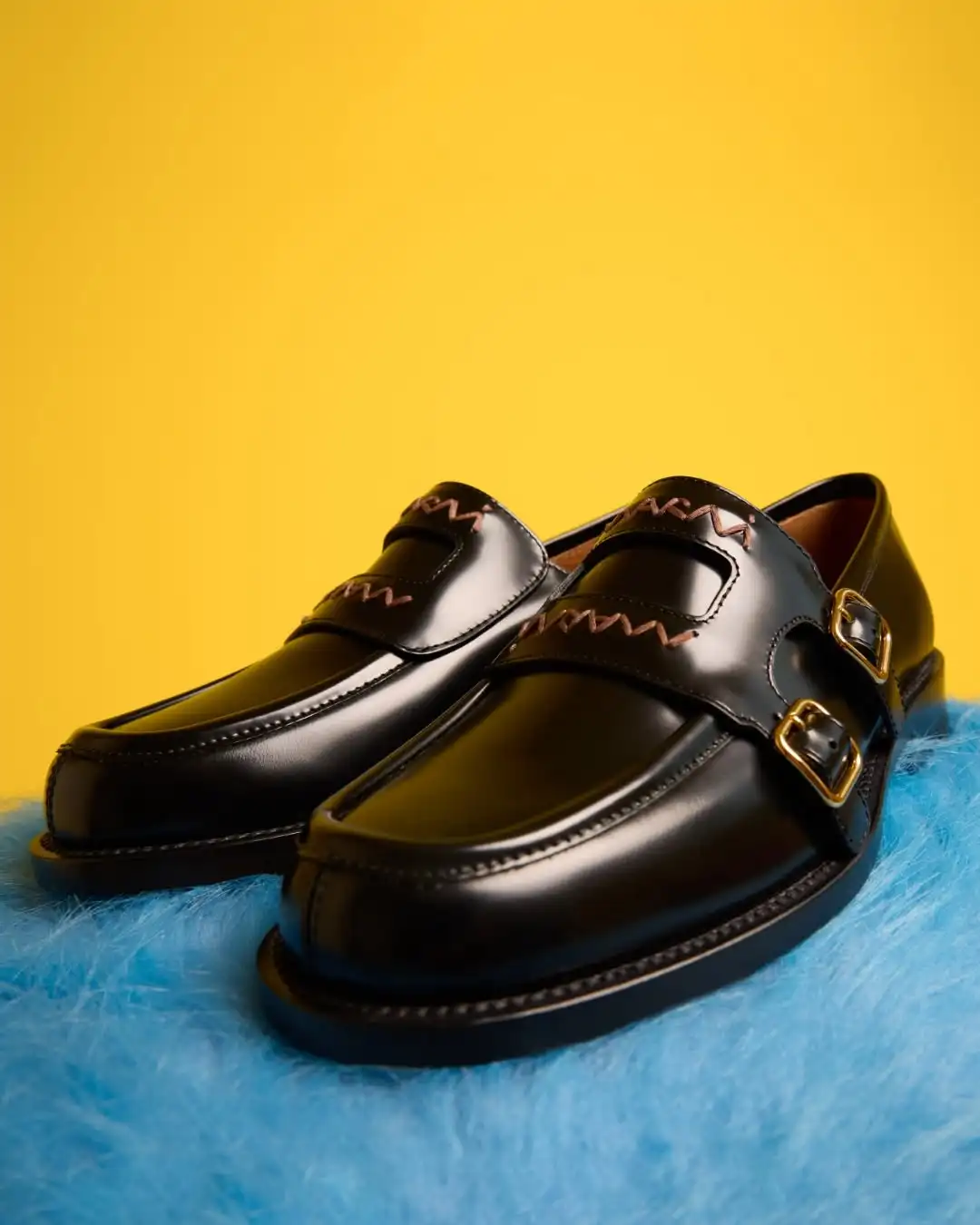 Women Black Polished Leather Double Gold Buckle Loafers Round Toe Flat Platform Vintage Office Daily  Slip On Casual Dress Shoes