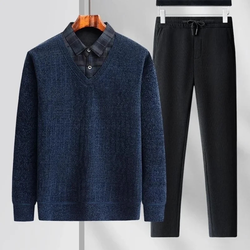 Men Fake Two Piece Plaid Collar Knit Sweater And Elastic Waist Casual Pants Warm Fleece Lined Set For Middle Aged