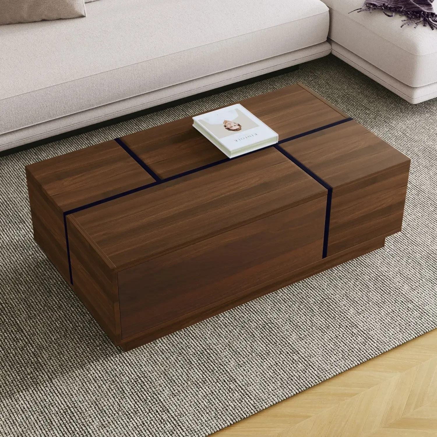 Table basse rectangulaire coulissante avec 2 tiroirs et 2 rangements cachés pour le salon 47,2" (noyer), tables basses