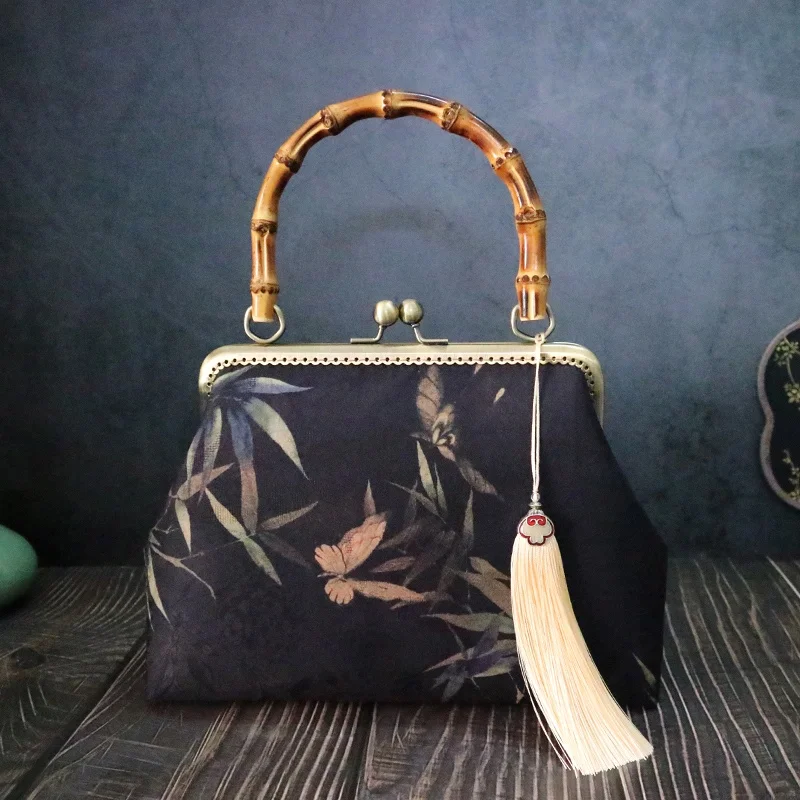 

Новая китайская сумка ручной работы с бамбуковым узором, одинаковая сумка с вышивкой, ручная сумка с кисточками, шелковая внешняя сумка с цветочным принтом