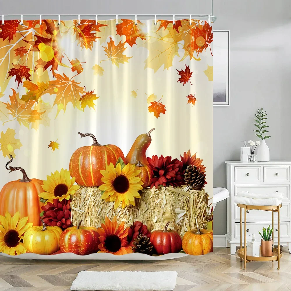 Watercolor Autumn Hanging Leaves Botanical Shower Curtain Fall Thanksgiving Bathroom Bathtubs Decor Easy Care Washable Durable