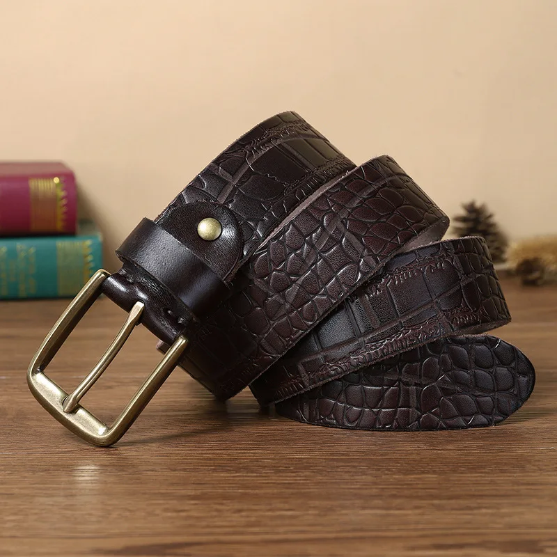 Pure copper men's crocodile pattern pin buckle leather belt, top-grain cowhide, versatile for jeans