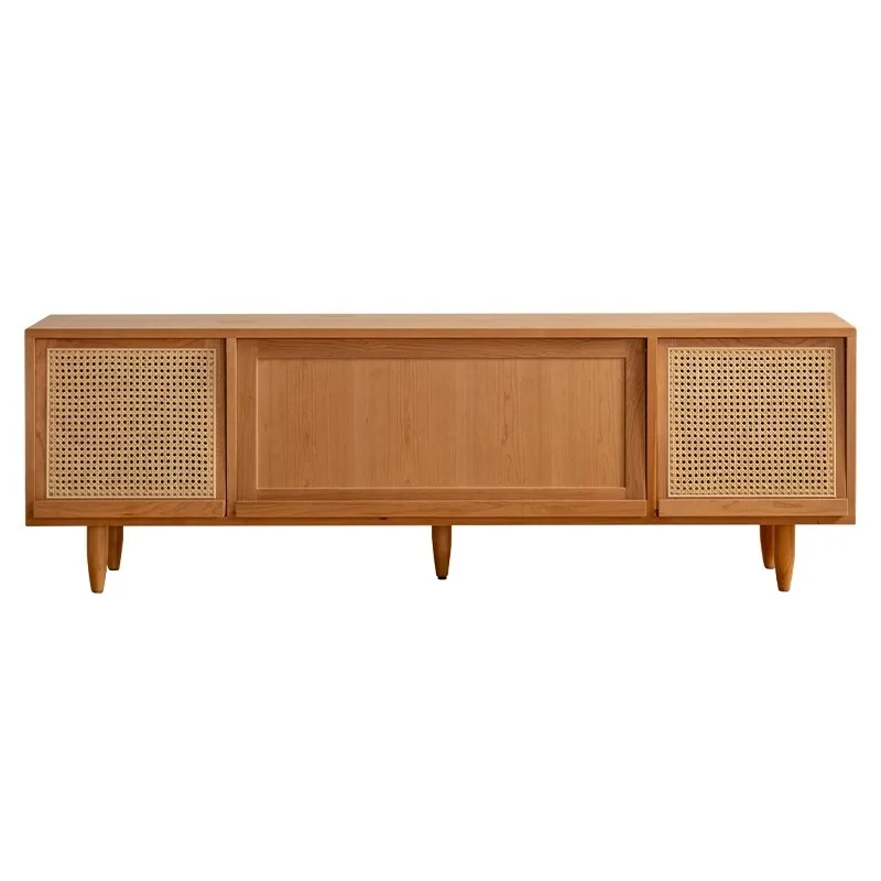 

Низкий шкаф из массива дерева, комбинация мебели для гостиной: журнальный столик и тумба из ротанга, современный простой напольный шкаф.