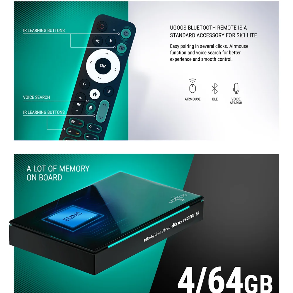 UGOOS SK1 Lite 4G64G TV BOX Amlogic S928X-K Android 14.0 LPDDR4 Support Dolby Vision/Audio/ATMOS DTS HD WiFi6 1000M