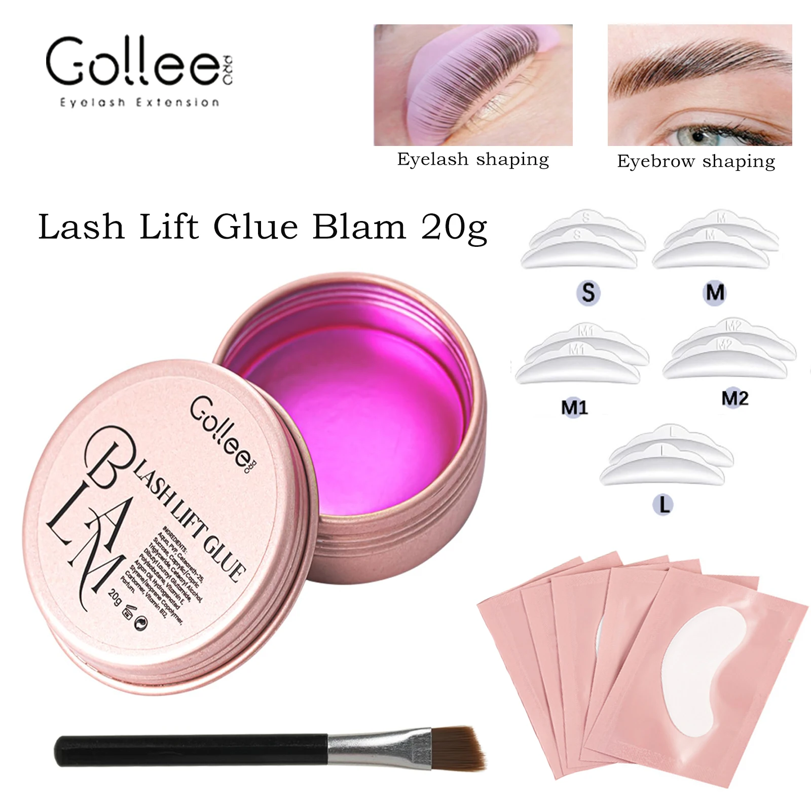 Gollee-pasta de Gel para levantamiento de pestañas, cera fijadora de cejas para levantamiento de pestañas, Gel de cejas perfumado de melocotón sólido con parches para ojos con cepillo