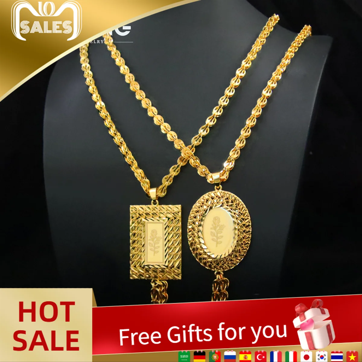 

Saudi Islamic Gold Color Necklace 21k Gold Plated Fashion Oval Square Flower Pendant Nigeria Women Luxury Wedding Party Jewelry