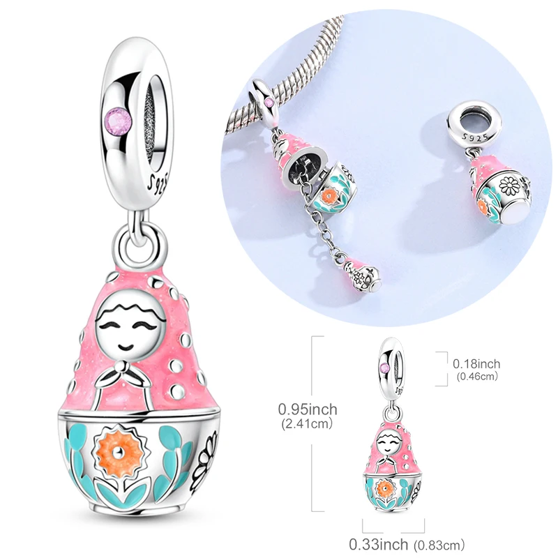 Original 925 Sterling Silver Charm Bead Openable Pink Russian Nesting Doll Pendant Fit Original Bracelet Necklace DIY Accessorie
