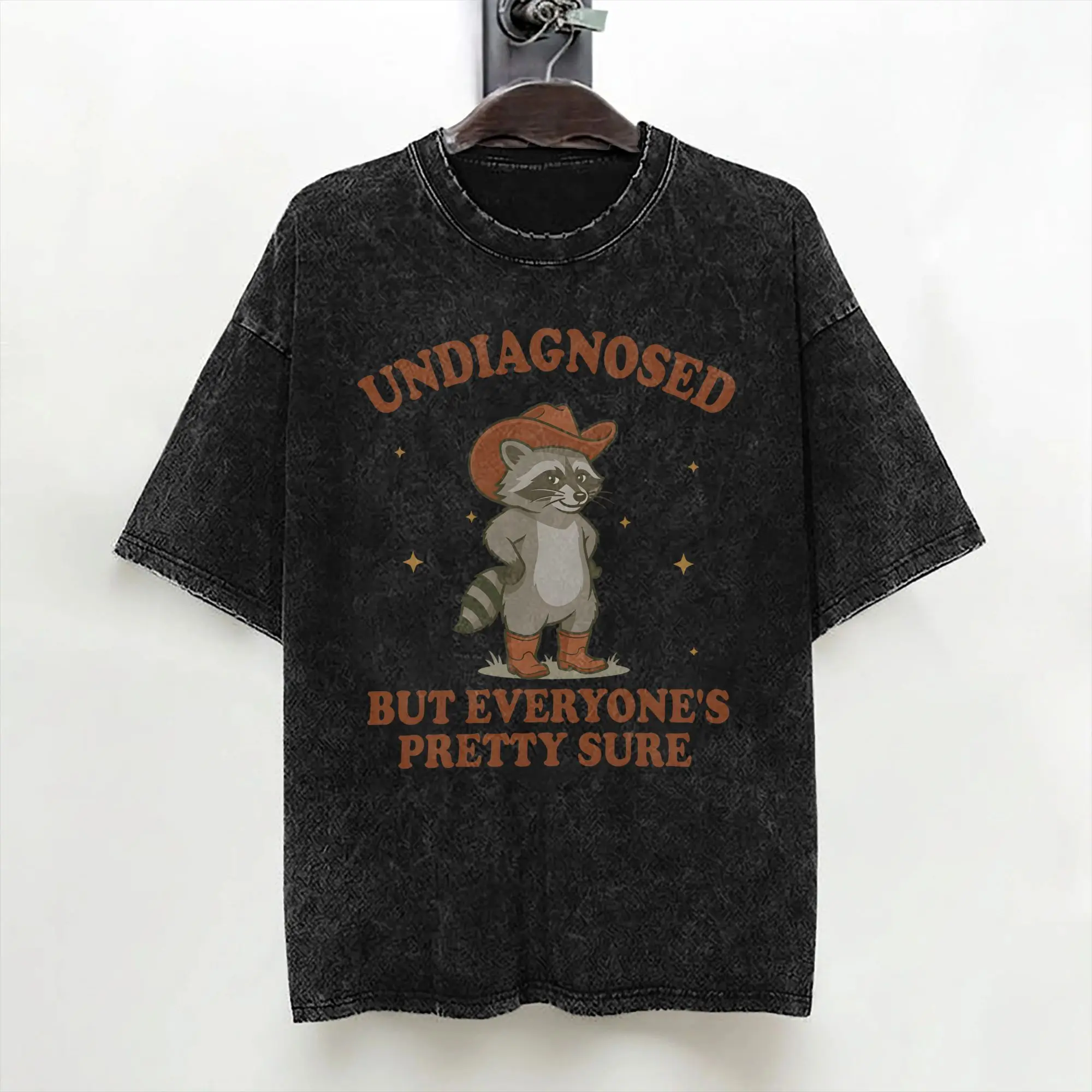 Funny Cowboy Raccoon Undiagnosed But Everyone Is Pretty Sure T Shirts Hip Hop Washed T-Shirts Men Tops Streetwear Summer Shirt