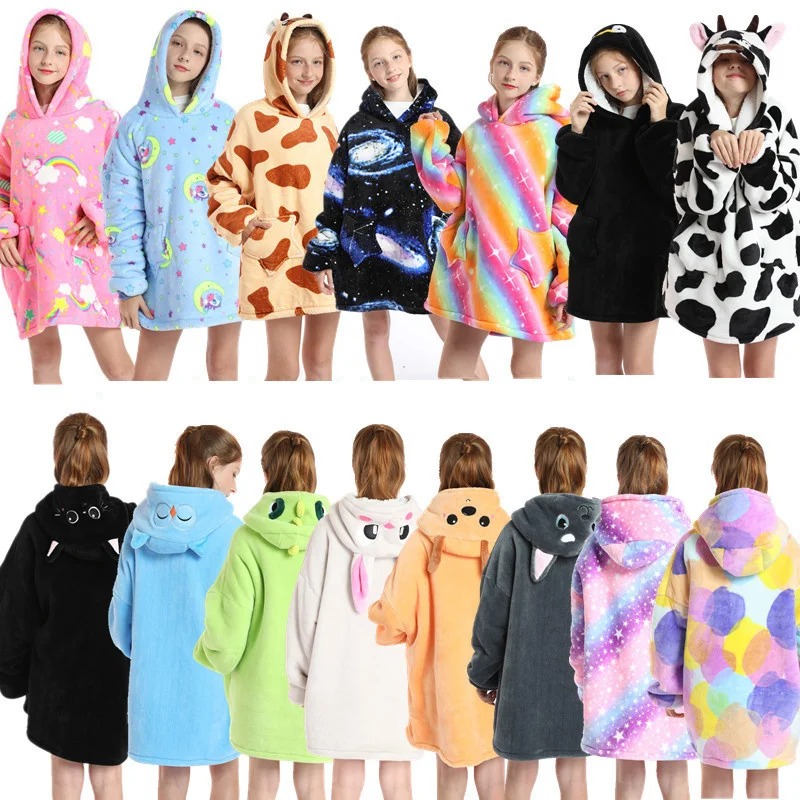 

Winter Sherpa TV Blanket Kids Soft Plush Sweatshirt Hoodie Children Warm Flannel Hooded Animal Giant Blankets Pullover Pajamas