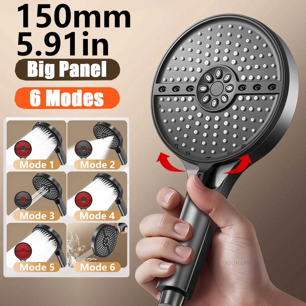 

15cm Large Panel Boost Shower Head High Pressure Shower Head 6 Modes Adjustable Large Flow Spray for Bathroom Accessories