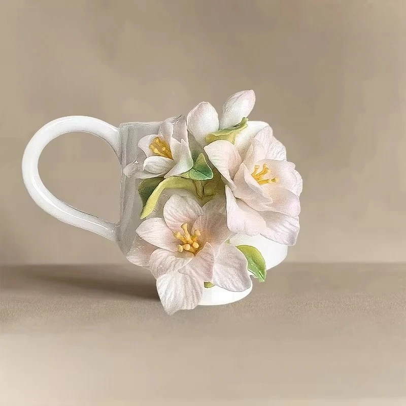 *a&Int Cultural Heritage hand-squeezed flower pink begonia flower ceramic cup coffee cup master cup birthday gift mi