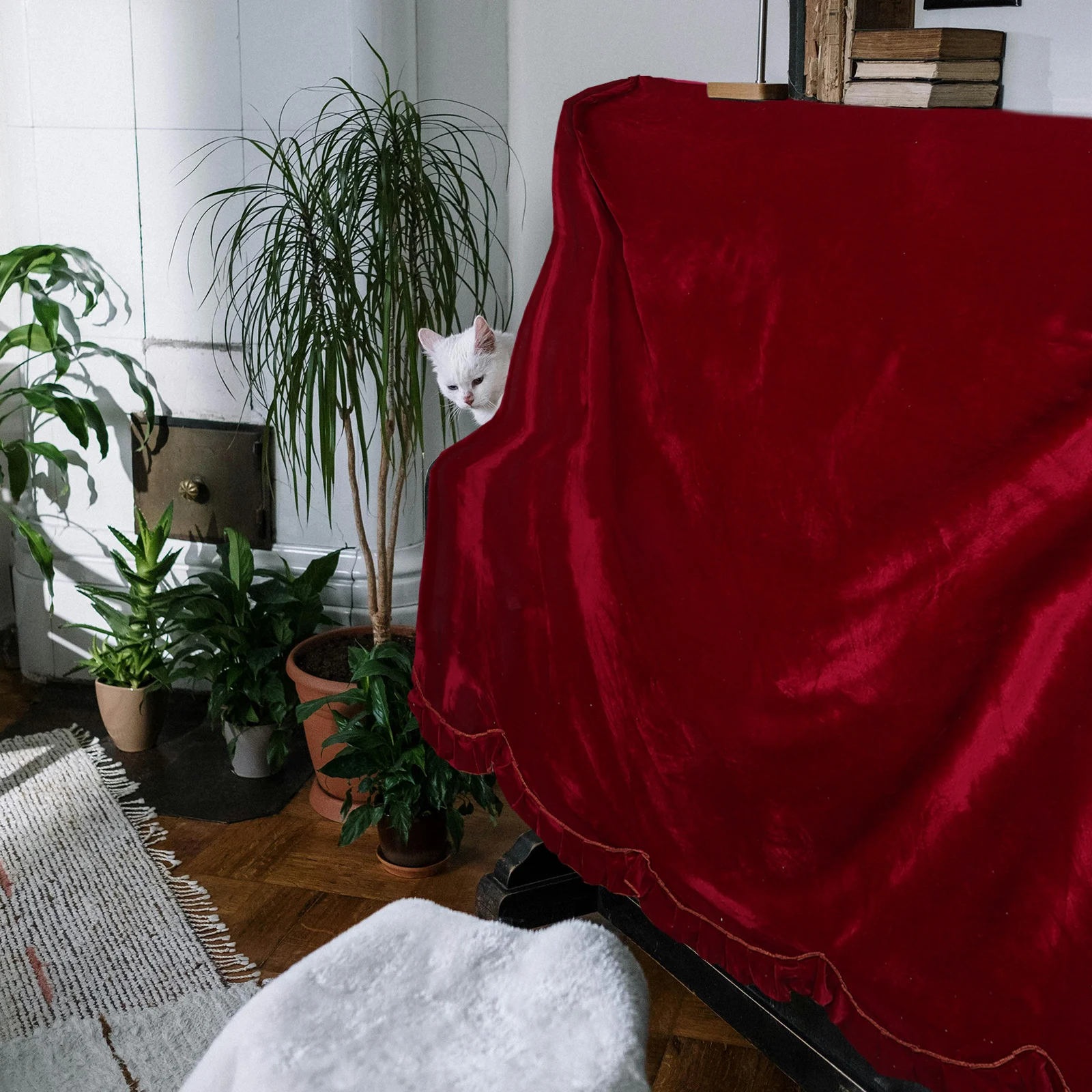 

Luxurious Pleuche Piano Cover in Stunning Blue Decorative Fringe Lace Design Washable Reusable Full Slipcover for Upright