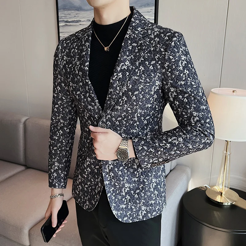 Blazers estampa floral slim fit masculino, smoking elegante, festa de casamento casual de alta qualidade, casacos de moda, 2023