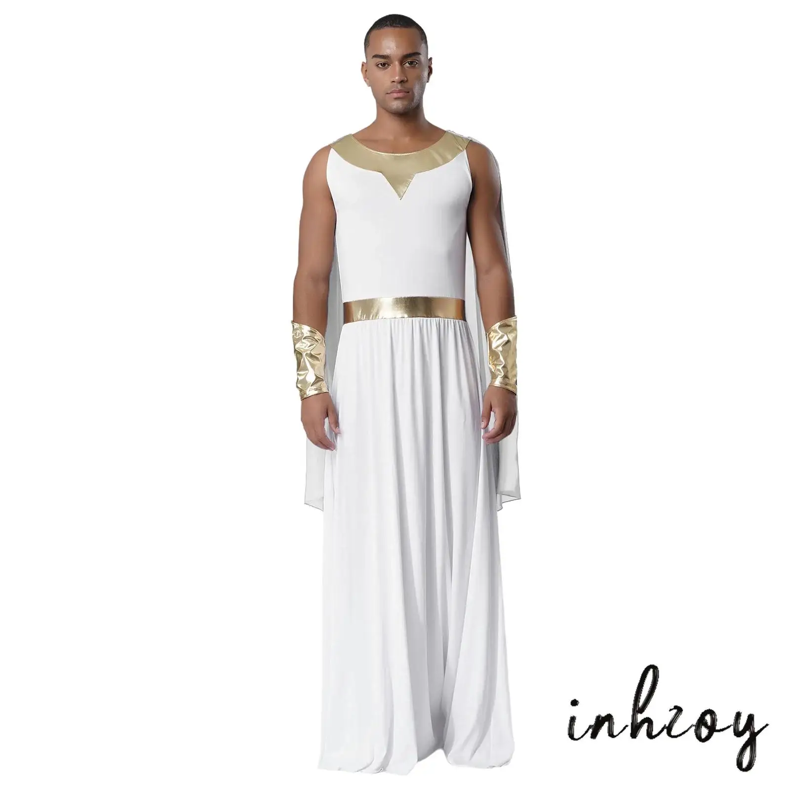 

Adult Men Toga Outfit Halloween Cosplay Fancy Dress Ball Costume Round Neck Sleeveless Shoulder Drapes Robe with Metallic Cuffs