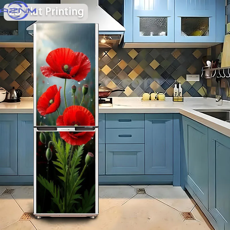 1pc of 2D Flat Printed Refrigerator Sticker, , Featuring a Poppy Flower Design. Self-Adhesive Wall Decor Suitable for Cabinets