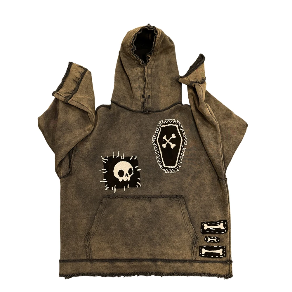 Wang Studio Heavyweight 450g Washed Hoodie Patchwork Design Sense Fashionable Sweatshirt Comfortable Headwear Accessory