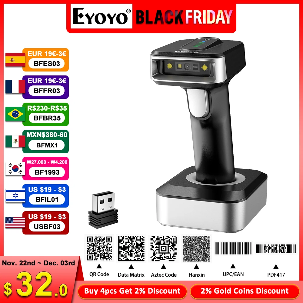 Eyoyo Auto-sensing Screen Scanning 1D Bluetooth Barcode Scanner With 2500mAh Power Indicator Wireless 2D QR Code Reader 4-mil