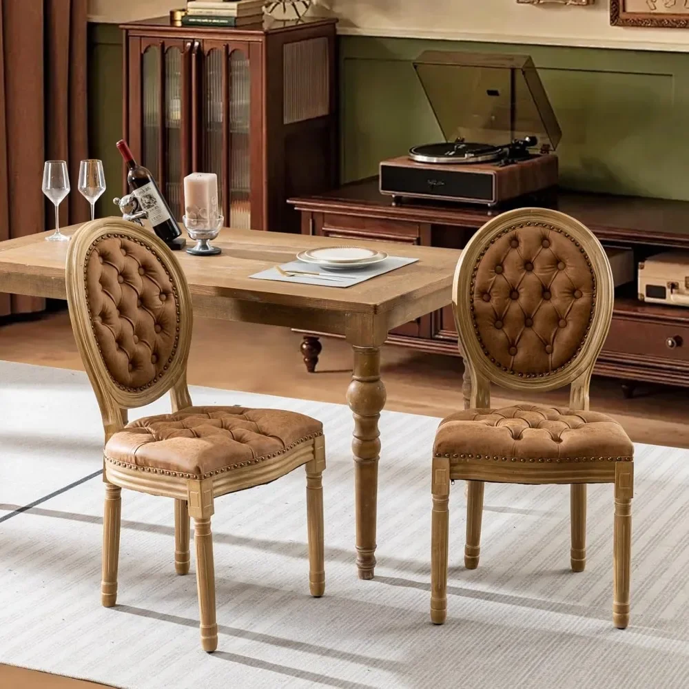 

French Dining Chairs Set of 2, Vantage Dining Chair with Round Back, Wood Leg Farmhouse Country PU Leather Dining Chai